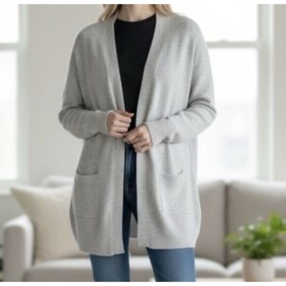 Fortune + Ivy Cardigan Open Front Pockets Gray Cozy Knit Medium Long Sweater NEW - Picture 1 of 8